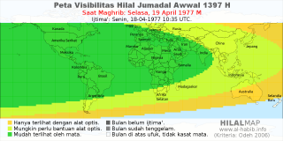 HilalMap: Peta Visibilitas Hilal Jumadal-Awwal 1397 H: rukyat tanggal 1977-4-19 M