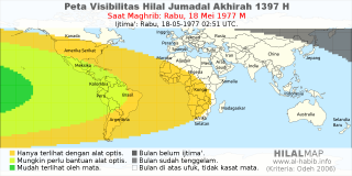 HilalMap: Peta Visibilitas Hilal Jumadal-Akhirah 1397 H: rukyat tanggal 1977-5-18 M