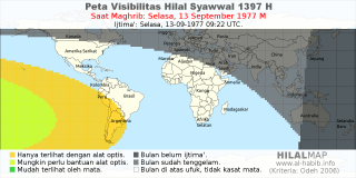 HilalMap: Peta Visibilitas Hilal Syawwal 1397 H: rukyat tanggal 1977-9-13 M