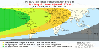 HilalMap: Peta Visibilitas Hilal Shafar 1398 H: rukyat tanggal 1978-1-9 M