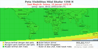 HilalMap: Peta Visibilitas Hilal Shafar 1398 H: rukyat tanggal 1978-1-10 M
