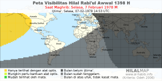 HilalMap: Peta Visibilitas Hilal Rabiul-Awwal 1398 H: rukyat tanggal 1978-2-7 M
