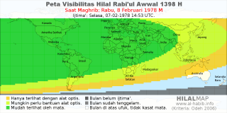 HilalMap: Peta Visibilitas Hilal Rabiul-Awwal 1398 H: rukyat tanggal 1978-2-8 M