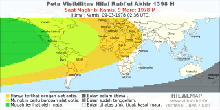 HilalMap: Peta Visibilitas Hilal Rabiul-Akhir 1398 H: rukyat tanggal 1978-3-9 M
