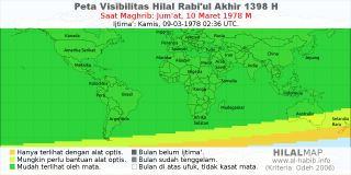 HilalMap: Peta Visibilitas Hilal Rabiul-Akhir 1398 H: rukyat tanggal 1978-3-10 M