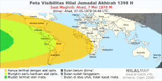 HilalMap: Peta Visibilitas Hilal Jumadal-Akhirah 1398 H: rukyat tanggal 1978-5-7 M