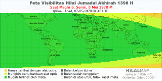 HilalMap: Peta Visibilitas Hilal Jumadal-Akhirah 1398 H: rukyat tanggal 1978-5-8 M