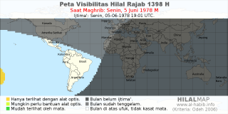 HilalMap: Peta Visibilitas Hilal Rajab 1398 H: rukyat tanggal 1978-6-5 M