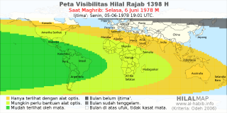 HilalMap: Peta Visibilitas Hilal Rajab 1398 H: rukyat tanggal 1978-6-6 M