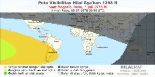 HilalMap: Peta Visibilitas Hilal Syaban 1398 H: rukyat tanggal 1978-7-5 M