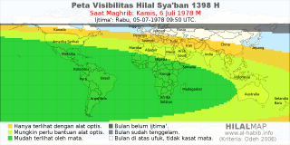 HilalMap: Peta Visibilitas Hilal Syaban 1398 H: rukyat tanggal 1978-7-6 M
