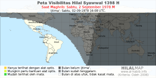 HilalMap: Peta Visibilitas Hilal Syawwal 1398 H: rukyat tanggal 1978-9-2 M