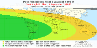 HilalMap: Peta Visibilitas Hilal Syawwal 1398 H: rukyat tanggal 1978-9-3 M