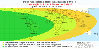 HilalMap: Peta Visibilitas Hilal Dzulhijjah 1398 H: rukyat tanggal 1978-11-1 M