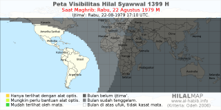 HilalMap: Peta Visibilitas Hilal Syawwal 1399 H: rukyat tanggal 1979-8-22 M