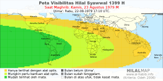 HilalMap: Peta Visibilitas Hilal Syawwal 1399 H: rukyat tanggal 1979-8-23 M