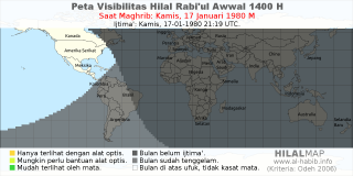 HilalMap: Peta Visibilitas Hilal Rabiul-Awwal 1400 H: rukyat tanggal 1980-1-17 M