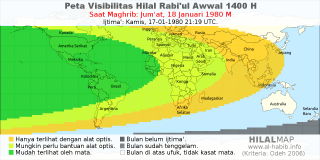 HilalMap: Peta Visibilitas Hilal Rabiul-Awwal 1400 H: rukyat tanggal 1980-1-18 M