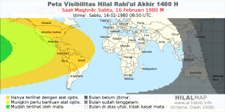 HilalMap: Peta Visibilitas Hilal Rabiul-Akhir 1400 H: rukyat tanggal 1980-2-16 M