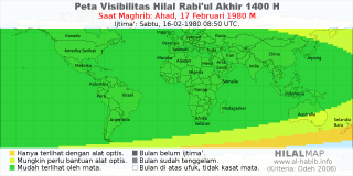 HilalMap: Peta Visibilitas Hilal Rabiul-Akhir 1400 H: rukyat tanggal 1980-2-17 M