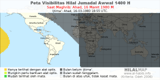 HilalMap: Peta Visibilitas Hilal Jumadal-Awwal 1400 H: rukyat tanggal 1980-3-16 M