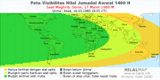 HilalMap: Peta Visibilitas Hilal Jumadal-Awwal 1400 H: rukyat tanggal 1980-3-17 M