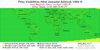 HilalMap: Peta Visibilitas Hilal Jumadal-Akhirah 1400 H: rukyat tanggal 1980-4-16 M