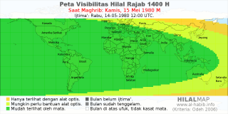 HilalMap: Peta Visibilitas Hilal Rajab 1400 H: rukyat tanggal 1980-5-15 M