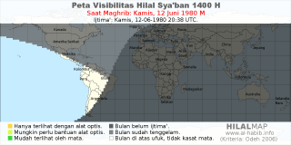 HilalMap: Peta Visibilitas Hilal Syaban 1400 H: rukyat tanggal 1980-6-12 M
