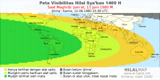 HilalMap: Peta Visibilitas Hilal Syaban 1400 H: rukyat tanggal 1980-6-13 M