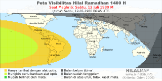 HilalMap: Peta Visibilitas Hilal Ramadhan 1400 H: rukyat tanggal 1980-7-12 M