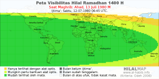 HilalMap: Peta Visibilitas Hilal Ramadhan 1400 H: rukyat tanggal 1980-7-13 M