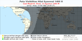 HilalMap: Peta Visibilitas Hilal Syawwal 1400 H: rukyat tanggal 1980-8-10 M