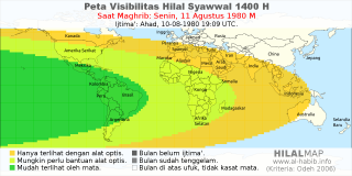 HilalMap: Peta Visibilitas Hilal Syawwal 1400 H: rukyat tanggal 1980-8-11 M