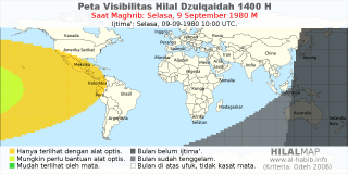 HilalMap: Peta Visibilitas Hilal Dzulqaidah 1400 H: rukyat tanggal 1980-9-9 M