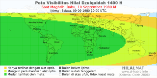 HilalMap: Peta Visibilitas Hilal Dzulqaidah 1400 H: rukyat tanggal 1980-9-10 M
