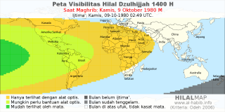 HilalMap: Peta Visibilitas Hilal Dzulhijjah 1400 H: rukyat tanggal 1980-10-9 M
