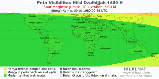 HilalMap: Peta Visibilitas Hilal Dzulhijjah 1400 H: rukyat tanggal 1980-10-10 M