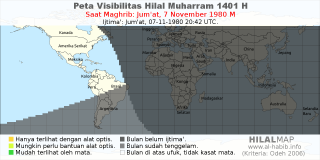HilalMap: Peta Visibilitas Hilal Muharram 1401 H: rukyat tanggal 1980-11-7 M
