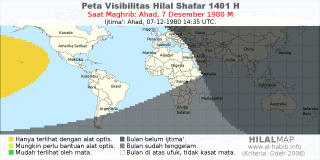 HilalMap: Peta Visibilitas Hilal Shafar 1401 H: rukyat tanggal 1980-12-7 M
