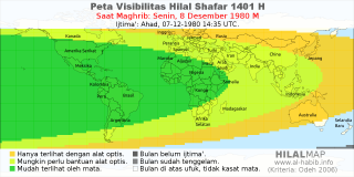 HilalMap: Peta Visibilitas Hilal Shafar 1401 H: rukyat tanggal 1980-12-8 M