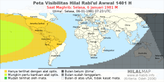 HilalMap: Peta Visibilitas Hilal Rabiul-Awwal 1401 H: rukyat tanggal 1981-1-6 M