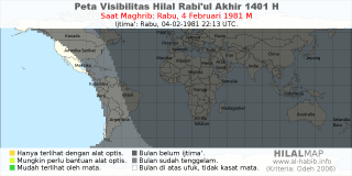 HilalMap: Peta Visibilitas Hilal Rabiul-Akhir 1401 H: rukyat tanggal 1981-2-4 M