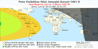 HilalMap: Peta Visibilitas Hilal Jumadal-Awwal 1401 H: rukyat tanggal 1981-3-6 M