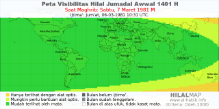 HilalMap: Peta Visibilitas Hilal Jumadal-Awwal 1401 H: rukyat tanggal 1981-3-7 M