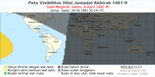 HilalMap: Peta Visibilitas Hilal Jumadal-Akhirah 1401 H: rukyat tanggal 1981-4-4 M