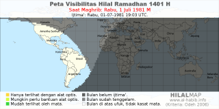HilalMap: Peta Visibilitas Hilal Ramadhan 1401 H: rukyat tanggal 1981-7-1 M