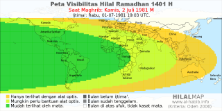 HilalMap: Peta Visibilitas Hilal Ramadhan 1401 H: rukyat tanggal 1981-7-2 M
