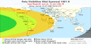 HilalMap: Peta Visibilitas Hilal Syawwal 1401 H: rukyat tanggal 1981-7-31 M