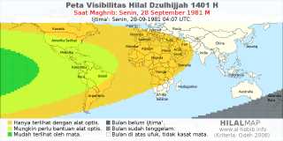 HilalMap: Peta Visibilitas Hilal Dzulhijjah 1401 H: rukyat tanggal 1981-9-28 M